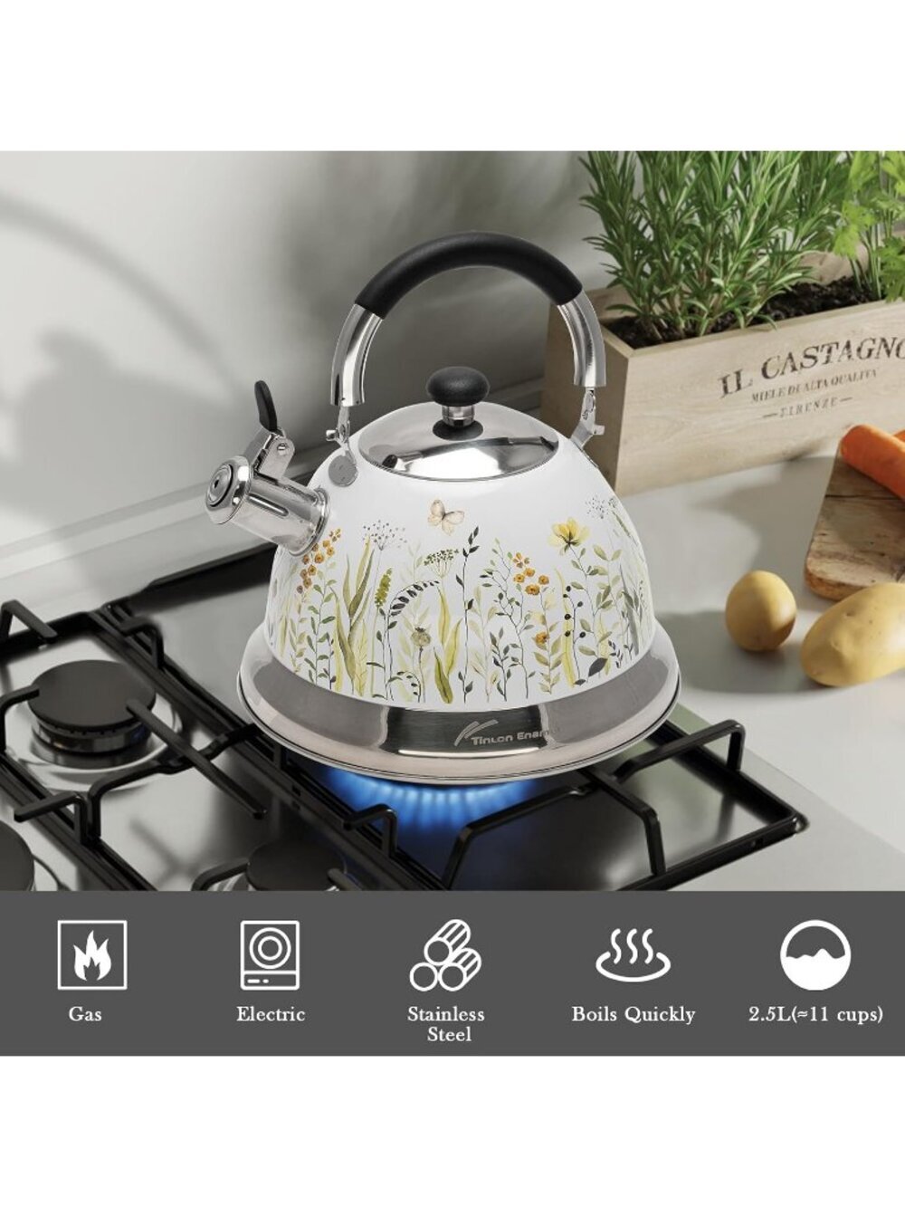 White Field Flower 304 Stainless Steel Whistling Tea Kettle 3.1 Quart Stovetop - Picture 6 of 6